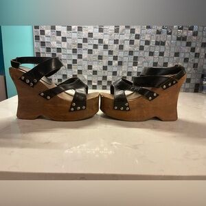 Vintage Retro Club Kid Wood Platforms-if these shoes could talk..Leather Straps